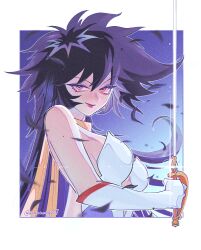 Rule 34 | 1girl, bare shoulders, black hair, blue eyeshadow, breasts, closed mouth, cutie honey, cutie honey flash, elbow gloves, eyelashes, eyeshadow, falling feathers, feathers, glint, gloves, holding, holding sword, holding weapon, lipstick, long hair, looking at viewer, makeup, misty honey (flash), mkmkhiro07, mole, rapier, red eyes, red lips, scarf, smile, solo, sword, twitter username, upper body, weapon, white glint, white gloves, yellow scarf