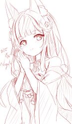 1girl absurdres animal_ear_fluff animal_ears azur_lane character_name closed_mouth dated fox_ears fox_girl hamiro highres jewelry long_sleeves monochrome nagato_(azur_lane) necklace simple_background sketch solo