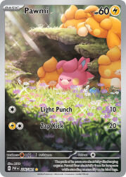 Rule 34 | alternate color, animal focus, artist name, card (medium), character name, closed eyes, company name, copyright name, copyright notice, dot nose, english text, flower, grass, log, moss, nintendo, no humans, official art, outdoors, pawmi, pokemon, pokemon (creature), pokemon card, pokemon focus, pokemon tcg, rend, shiny and normal, shiny pokemon, sleeping, sunlight, third-party source, trading card