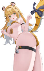 1girl absurdres animal_ear_fluff animal_ears armband artist_name ass bare_shoulders bell between_breasts bikini black_bow blonde_hair blunt_bangs blush bow breasts colored_inner_hair commentary_request from_below green_eyes hair_intakes hands_up highres izumiillus jingle_bell ju_fufu looking_at_viewer looking_down medium_breasts multicolored_hair navel open_mouth simple_background solo standing stomach swimsuit tail tail_bow tail_ornament thigh_strap thighs tiger_ears tiger_girl tiger_tail underboob white_background white_streaks yellow_bikini zenless_zone_zero