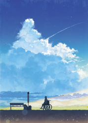 1girl bag bench blue_sky blurry bokeh bus_stop cloud cloudy_sky commentary_request contrail cumulonimbus_cloud day depth_of_field facing_away grey_hair hands_on_lap highres kururi long_hair mountainous_horizon original outdoors scenery shoes sitting sky solo wheel wheelchair