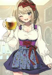1girl ;d alcohol alice_margatroid apron beer beer_mug blonde_hair blue_apron bodice bow breasts cleavage cowboy_shot cup dirndl floral_print german_clothes hair_bow hairband highres holding holding_cup long_sleeves looking_at_viewer mug one_eye_closed open_mouth purple_skirt red_bow red_hairband red_ribbon ribbon shirt short_hair skirt smile solo tamagogayu1998 teeth third-party_source touhou upper_teeth_only white_shirt