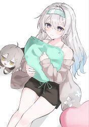 1girl black_shorts blue_pupils blush character_doll closed_mouth doll ebitendon firefly_(honkai:_star_rail) gradient_eyes gradient_hair green_hairband grey_hair grey_sweater hair_between_eyes hair_intakes hairband heart heart-shaped_pillow highres holding holding_pillow honkai:_star_rail honkai_(series) light_smile long_hair multicolored_eyes multicolored_hair off-shoulder_sweater off_shoulder pillow shorts simple_background solo stelle_(honkai:_star_rail) sweater trailblazer_(honkai:_star_rail) triangle_mouth white_background