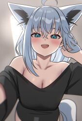 1girl :d absurdres ahoge animal_ears blush braid breasts cleavage commentary double-parted_bangs extra_ears fox_ears fox_girl fox_tail hair_between_eyes hand_up highres hololive kumarang large_breasts long_hair looking_at_viewer low_ponytail naked_shirt official_alternate_costume open_mouth oversized_clothes oversized_shirt ponytail shirakami_fubuki shirakami_fubuki_(loungewear) shirt side_braid sidelocks single_braid single_off_shoulder smile solo t-shirt tail teeth three-quarter_sleeves upper_teeth_only v-neck virtual_youtuber white_hair