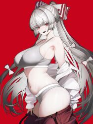 Rule 34 | 1girl, absurdres, alternate breast size, alternate costume, armpits, blunt bangs, bow, breasts, clothes pull, commentary, cowboy shot, fujiwara no mokou, grey hair, grey panties, grey sports bra, hair bow, hair intakes, highres, large breasts, long hair, looking at viewer, navel, off shoulder, open clothes, open mouth, open shirt, panties, pants, pants pull, red background, red eyes, red pants, shirt, simple background, smile, solo, sports bra, standing, stomach, sweat, touhou, underwear, very long hair, vxdrq, white bow, white shirt