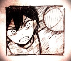 1boy angry ball clenched_teeth double-parted_bangs greyscale highres holding holding_ball kel_(headspace)_(omori) kel_(omori) looking_at_viewer male_focus monochrome nicome_02 omori short_hair solo tank_top teeth upper_body