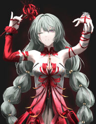 1girl absurdres arms_up bandaged_arm bandages bare_shoulders blood bloody_tears braid breasts commentary detached_sleeves dress flower grey_hair hand_up highres holding holding_flower kizuru09 long_hair looking_at_viewer low_twin_braids medium_breasts nail_polish one_eye_closed parted_lips phrolova_(wuthering_waves) red_dress red_nails red_pupils single_detached_sleeve solo spider_lily twin_braids upper_body very_long_hair white_eyes wuthering_waves