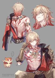 ... 1boy abs arm_tattoo armlet armor armored_boots armored_gloves back_tattoo bare_pectorals blonde_hair boots braid cape chest_tattoo chimera_(honkai:_star_rail) commentary_request earrings facial_tattoo gold_earrings gold_necklace gradient_hair grey_background hair_between_eyes highres honkai:_star_rail honkai_(series) jewelry kukatsuma male_focus medium_hair multicolored_hair multiple_views mydei_(honkai:_star_rail) necklace pauldrons pectorals red_cape red_hair red_tattoo shoulder_armor side_braid simple_background single_pauldron spoken_ellipsis tattoo toned toned_male twitter_username watermark yellow_eyes