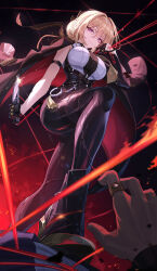 1girl 1other absurdres arm_strap black_coat black_gloves black_pants blonde_hair breasts chest_harness closed_mouth coat coat_on_shoulders elbow_gloves evelyn_chevalier gloves half_gloves harness high-waist_pants highres holding holding_knife k0a knife large_breasts latex_pants necktie pants purple_eyes shirt single_elbow_glove single_half_glove string tight_clothes tight_pants trample white_shirt yellow_necktie zenless_zone_zero