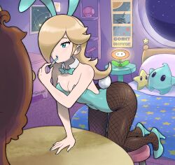 Rule 34 | 1girl, absurdres, animal ears, bedroom, blonde hair, blue eyes, blue leotard, blue lips, blue nails, breasts, character pillow, cosmetics, fake animal ears, fake tail, fire flower, fishnet pantyhose, fishnets, hair over one eye, high heels, highres, holding, holding lipstick tube, indoors, leotard, lipstick tube, luma (mario), mario (series), nail polish, nintendo, pantyhose, playboy bunny, poster (object), rabbit ears, rabbit tail, rosalina, siczak, signature, solo, star (sky), star (symbol), super mario galaxy, super mushroom, super star (mario), tail, window