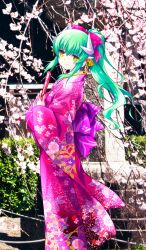 1girl black_(artist) bow cherry_blossoms commentary dragon_girl dragon_horns fate/grand_order fate_(series) feet_out_of_frame floral_print floral_print_kimono folded_fan folding_fan from_side green_hair hair_between_eyes hair_bow hand_fan high_ponytail holding holding_fan horns japanese_clothes kimono kiyohime_(fate) kiyohime_(under_the_same_sky)_(fate) long_hair long_sleeves looking_at_viewer looking_to_the_side obi official_art outdoors photo_background pink_bow pink_kimono pink_sash ponytail print_kimono sash sidelocks solo standing third-party_source white_horns wide_sleeves yellow_eyes