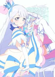 Rule 34 | 1girl, adversarial noise, aqua background, bare shoulders, blue bow, blue brooch, blue choker, blue crown, blue eyes, blue hairband, blue sleeves, blunt bangs, border, bow, bow choker, bow legwear, bowtie, bright pupils, brooch, choker, closed mouth, cowboy shot, crown, crown earrings, cure nyammy, dress, earrings, eyelashes, feather-trimmed sleeves, frilled arm warmers, frilled dress, frilled thigh strap, frills, grey hair, hair bow, hair flowing over, hairband, hand on own head, hat, hat bow, heart, heart brooch, highres, jewelry, knee up, large bow, light blush, looking at viewer, magical girl, mini crown, nekoyashiki yuki, off-shoulder dress, off shoulder, outside border, pink bow, pink bowtie, pink dress, precure, serizawa serizane, short dress, signature, single stripe, sitting, smile, solo, straight hair, striped background, striped bow, striped bowtie, striped clothes, striped sleeves, thigh strap, thighhighs, too many watermarks, two-sided dress, two-sided fabric, vertical-striped background, watermark, watermark grid, white arm warmers, white border, white bow, white dress, white pupils, white thighhighs, wonderful precure!
