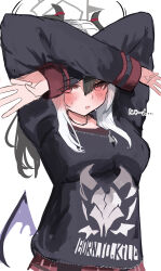 1girl absurdres arms_up black_hoodie blue_archive blush crossed_arms demon_girl demon_horns demon_wings hair_between_eyes highres hood hoodie horns kayoko_(blue_archive) long_hair looking_at_viewer multicolored_hair open_mouth plaid_clothes plaid_skirt red_shirt red_skirt shirt sidelocks single_wing skirt skull_print solo sunaneko sweatdrop two-tone_hair white_hair wings