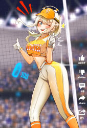 Rule 34 | 1girl, ;d, absurdres, baseball cap, baseball stadium, baseball uniform, blonde hair, blue eyes, cropped shirt, double thumbs up, gloves, goddess of victory: nikke, hat, highres, kilowinwin, navel, notice lines, official alternate costume, one eye closed, open mouth, orange hat, orange shirt, orange socks, pants, shirt, smile, socks, solo, sportswear, star (symbol), thumbs up, tove (baseball fan) (nikke), tove (nikke), two-tone hat, white gloves, white hat, white pants