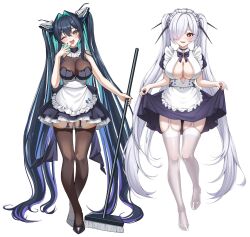 2girls alternate_costume breasts cinderella_(nikke) cleavage colored_inner_hair full_body goddess_of_victory:_nikke hair_intakes highres large_breasts little_mermaid_(nikke) maid multicolored_hair multiple_girls red_eyes see-through_clothes simple_background white_background wol_(wol_927) yellow_eyes