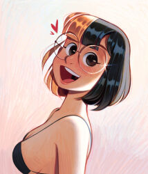 Rule 34 | 1girl, absurdres, bikini, black bikini, black eyes, black hair, blonde hair, breasts, commentary, english commentary, friedbaens, from side, glasses, heart, highres, looking at viewer, multicolored hair, open mouth, original, round eyewear, short hair, smile, solo, sparkle, swimsuit, teeth, two-tone hair, upper body, upper teeth only