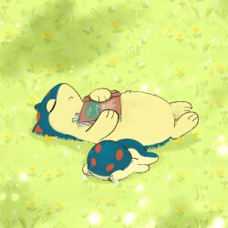 body_fur book closed_eyes creatures_(company) cyndaquil evolutionary_line full_body game_freak gen_2_pokemon green_fur highres holding holding_book macco0928 nintendo no_humans on_grass pokemon pokemon_(creature) quilava sleeping yellow_fur