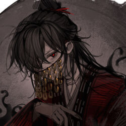 1boy bags_under_eyes bandaged_neck bandages black_eyes black_hair chinese_clothes chinese_commentary coat coin coin_mask covered_mouth dao_gui_yi_xian grey_background grey_hanfu hair_bun hair_ornament hair_over_one_eye hair_stick half_updo hand_up hanfu highres holed_coin li_huowang li_sui_(tentacles) limited_palette long_hair long_sleeves looking_at_viewer male_focus mask messy_hair mouth_veil no.9_yualuodesi_mimitongxinzhong one_eye_covered red_coat red_eyes red_pupils robe single_hair_bun solo tentacles upper_body veil wide_sleeves