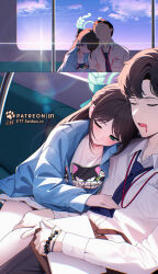 1girl airi_(band)_(blue_archive) airi_(blue_archive) arm_hug artist_name bag_on_lap bead_bracelet beads blue_archive blue_jacket blush bow bracelet brown_hair clipboard closed_eyes cloud cloudy_sky dress_shirt drooling ett green_eyes green_halo hair_bow halo hand_on_another&#039;s_chest hand_on_another&#039;s_thigh head_on_another&#039;s_shoulder highres holding holding_clipboard jacket jewelry lanyard leaning_on_person lens_flare long_hair mouth_drool necktie official_alternate_costume one_eye_closed print_shirt sensei_(blue_archive) sensei_(blue_archive_the_animation) shirt shirt_pocket sitting skirt sky sleeping sun sunset thighs train_interior white_shirt white_skirt