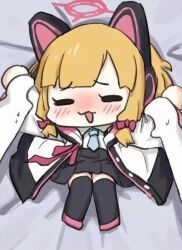 Rule 34 | 1girl, 1other, :3, animal ear headphones, animal ears, aqua necktie, artist request, bed sheet, black skirt, black thighhighs, blonde hair, blue archive, blush, bow, buttons, cat ear headphones, cat ears, chibi, closed eyes, facing viewer, fake animal ears, full body, hair bow, halo, headphones, holding another&#039;s wrist, jacket, knees together feet apart, low-tied sidelocks, lying, momoi (blue archive), necktie, on back, on bed, open clothes, open jacket, open mouth, parted bangs, pink bow, pink halo, pink shoes, pleated skirt, pov, pov hands, raised inner eyebrows, sechi (sechihyeo) (style), shirt, shoes, sidelocks, skirt, solo focus, suspender skirt, suspenders, sweat, thighhighs, third-party source, white jacket, white shirt, zettai ryouiki