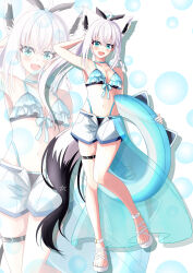 Rule 34 | 1girl, absurdres, ahoge, animal ear fluff, animal ears, arm behind head, ayana haku, bikini, black bikini, black bow, blue bikini, blush, bow, braid, breasts, commentary request, earrings, extra ears, fox ears, fox girl, fox tail, frilled bikini top, green eyes, hair between eyes, hair bow, highres, hololive, innertube, jacket, jacket over swimsuit, jewelry, layered bikini, leg up, long hair, looking at viewer, medium breasts, navel, open mouth, pentagram, ponytail, sandals, shirakami fubuki, shorts, sidelocks, single braid, smile, solo, swim ring, swimsuit, tail, thigh strap, virtual youtuber, white hair, white jacket, white sandals, white shorts