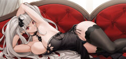 Rule 34 | 1girl, arm behind head, azur lane, black choker, black dress, black panties, black thighhighs, breasts, choker, cleavage, closed mouth, collarbone, couch, dakimakura (medium), dress, formidable (azur lane), grey hair, hair ornament, hair spread out, heart, large breasts, long hair, lying, on couch, on side, panties, red eyes, see-through clothes, see-through dress, side-tie panties, sleeveless, sleeveless dress, solo, strapless, strapless dress, thighhighs, tony guisado, twintails, underwear