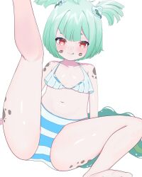 1girl 2025 ahoge barefoot blush breasts flat_chest frog_girl green_hair indie_virtual_youtuber loli panties rebbi_rompin ryuki2512 sitting small_breasts striped_clothes striped_panties twintails underwear white_background