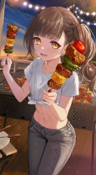 1girl breasts brown_hair corn denim earrings food grey_pants grill heart heart_earrings highres holding holding_skewer jeans jewelry looking_at_viewer midriff mole mole_under_eye navel nima_(niru54) ocean open_mouth original pants shirt shish_kebab short_sleeves shrimp side_ponytail signature skewer small_breasts smile solo standing string_of_light_bulbs tied_shirt twilight white_shirt yellow_eyes