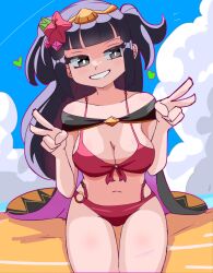 1girl absurdres bare_shoulders beach bikini black_hair blue_sky blunt_bangs breasts cape cleavage cloud collarbone double_v fire_emblem fire_emblem_awakening fire_emblem_heroes flower hair_flower hair_ornament heart highres hoshinokotta jewelry large_breasts long_hair looking_at_viewer navel nintendo ocean official_alternate_costume open_mouth outdoors red_bikini red_flower sky smile solo swimsuit teeth tharja_(fire_emblem) tharja_(summer)_(fire_emblem) tiara v water