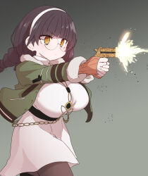 1girl black_hair black_survival braid breasts brown_pantyhose dress eternal_return:_black_survival firing glasses gradient_background green_jacket grey_background gun hairband handgun highres holding holding_gun holding_weapon jacket large_breasts pantyhose round_eyewear solo sumiyao_(amam) suzuki_aya twin_braids weapon white_dress white_hairband yellow_eyes
