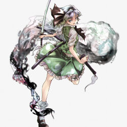 Rule 34 | 1girl, black hairband, blue eyes, bob cut, full body, ghost, green skirt, green vest, grey hair, hairband, highres, hitodama, hitodama print, katana, konpaku youmu, konpaku youmu (ghost), leg up, mary janes, scabbard, sheath, shoes, short hair, skirt, skirt set, socks, solo, sword, teinba, touhou, vest, wakizashi, weapon, white background, white socks, youmu day