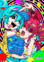 2girls 3sanshokudango3 ahoge aqua_hair aqua_pupils black_choker black_eyes blue_dress blue_nails choker clip_studio_paint_(medium) colored_eyelashes commentary confetti dress drill_hair empty_eyes gloves hatsune_miku highres hug kasane_teto looking_at_viewer looking_to_the_side mesmerizer_(vocaloid) multicolored_eyes multiple_girls nervous open_mouth pink_eyes pink_hair pinstripe_dress pinstripe_pattern pinstripe_shirt puffy_short_sleeves puffy_sleeves purple_eyes red_suspenders scared sharp_teeth shirt short_sleeves spiral_background striped_clothes striped_dress striped_shirt suspenders sweatdrop synthesizer_v teeth tongue tongue_out twin_drills twintails upper_body vertical-striped_clothes vertical-striped_dress vertical-striped_shirt vocaloid wrist_cuffs yellow_gloves