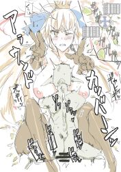 Rule 34 | 1boy, 1girl, artoria caster (fate), artoria pendragon (fate), bar censor, between breasts, blonde hair, bow, breasts, censored, clenched teeth, crown, cum, cum in pussy, fate/grand order, fate (series), fertilization, from above, gameplay mechanics, gauntlets, goblin, goblin male, hair bow, head between breasts, hetero, impregnation, japanese text, large breasts, long hair, long pointy ears, monster, nude, one eye closed, ovum, pointy ears, saber (fate), saber ntrok, sound effects, speech bubble, sperm cell, teeth, translated, unwanted impregnation, vaginal