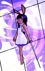 Rule 34 | 1girl, animal ears, barefoot, black hair, blunt bangs, braid, closed mouth, commentary, dawnfire, dress, english commentary, flying, foil (fencing), full body, full moon, hair ribbon, highres, holding, holding sword, holding weapon, indoors, long hair, magic circle, moon, purple eyes, purple ribbon, purple sky, rabbit and steel, rabbit ears, rabbit girl, rabbit tail, ribbon, sky, sleeveless, sleeveless dress, smile, solo, spellsword rabbit, star (sky), starry sky, sword, tail, twin braids, weapon, white dress, window