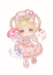 1girl absurdres azi_butaizi blonde_hair bow bow_legwear braid braided_hair_rings cardiogram cardiogram_print chibi chinese_commentary cleavage_cutout clothing_cutout collared_dress commentary_request cross cross_print dot_nose dress earrings frilled_dress frilled_sleeves frills ghost gloves hair_rings happy hat hat_ornament heart heart_earrings heart_hat_ornament heart_print highres holding holding_stethoscope infinity_nikki jewelry kneehighs light_blush loose_hair_strand medium_dress nikki_(series) nurse nurse_cap open_mouth pink_bow pink_dress pink_hat pink_shoes pleated_dress puffy_short_sleeves puffy_sleeves shoes short_hair short_sleeves simple_background smile socks solo standing stethoscope sweet_diagnosis_(infinity_nikki) swept_bangs teeth upper_teeth_only white_background white_gloves white_socks