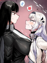 2girls ? anger_vein asymmetrical_docking black_hair black_hairband black_jacket blazer blue_archive blunt_bangs blush breast_conscious breast_press breasts clenched_teeth commentary_request earclip eye_contact flat_chest glaring grey_hair hairband halo highres himari_(blue_archive) huge_breasts jacket long_hair looking_at_another mole mole_under_eye multiple_girls pointy_ears profile rio_(blue_archive) spoken_anger_vein spoken_sweatdrop straight_hair sweatdrop sweater takutaku12364 teeth upper_body very_long_hair white_jacket white_sweater