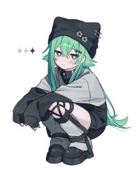 Rule 34 | 1girl, absurdres, animal ear headwear, animal hat, asymmetrical legwear, black hat, black jacket, black shoes, cat hat, closed mouth, expressionless, fake animal ears, full body, green eyes, green hair, grey leg warmers, hair between eyes, hair flaps, hat, hat ornament, highres, jacket, leg warmers, long hair, long sleeves, mismatched legwear, multicolored jacket, namin (anjpzaobmhbppxs), nanase (namin), original, paperclip, shoes, simple background, slav squatting, sleeves past wrists, solo, sparkle, sparkle hair ornament, squatting, star-shaped pupils, star (symbol), star hat ornament, symbol-shaped pupils, two-tone jacket, white background, white jacket, white leg warmers