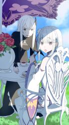 2girls absurdres anger_vein annoyed black_dress black_eyes blue_sky butterfly_hair_ornament cake cake_slice chair cloud commentary cup dress echidna_(re:zero) emilia_(re:zero) flower flower_pot food forced_smile fork full_body hair_flower hair_ornament highres hikimori_hikiko holding holding_fork long_hair multiple_girls on_chair open_mouth pointy_ears purple_eyes re:zero_kara_hajimeru_isekai_seikatsu red_flower red_rose rose sidelocks sitting sky surprised sweat table tea teacup umbrella white_dress white_hair