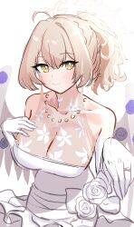 1girl absurdres alternate_costume angel_wings blue_archive breasts bride cleavage dress halo highres jewelry low_wings malsan nagisa_(blue_archive) ring smile solo wedding_dress wedding_ring white_dress white_wings wings