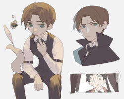 ... 2boys adjusting_collar animification blue_eyes brown_hair collared_shirt cscarus curtained_hair fantastic_beasts_and_where_to_find_them gellert_grindelwald harry_potter_(series) helmut_(fantastic_beasts) heterochromia highres inkwell invisible_chair long_sleeves male_focus multiple_boys multiple_views necktie paper popped_collar quill shirt short_hair sitting spoken_ellipsis vest wizarding_world