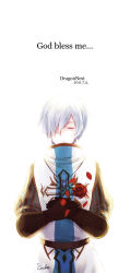1boy black_gloves black_shirt cleric_(dragon_nest) closed_eyes closed_mouth commentary_request copyright_name crodire cross cross_print dated dragon_nest english_text expressionless gloves hair_over_one_eye highres jewelry male_focus necklace pendant shirt short_hair simple_background solo tabard upper_body white_background white_hair white_tabard