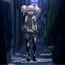 1girl 2boys :&lt; anime_screenshot black_gloves black_leotard black_skirt boku_no_hero_academia city demon_wings disgust earrings eye_mask fake_wings fingerless_gloves gloves grey_pantyhose haneyama_kazuho highres jewelry leotard looking_at_another looking_at_viewer miniskirt multiple_boys open_mouth pantyhose pink_eyes pink_hair ryona skirt third-party_edit twintails vigilante_-boku_no_hero_academia:_illegals- wet wings