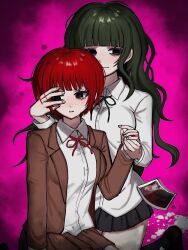 2girls breasts brown_hair collared_shirt danganronpa_(series) danganronpa_3_(anime) freckles highres hope&#039;s_peak_academy_school_uniform jacket koizumi_mahiru kun_(oxx_kn_xxo) large_breasts long_hair long_sleeves miniskirt multiple_girls neck_ribbon official_alternate_costume pleated_skirt red_hair ribbon satou_(danganronpa) school_uniform shirt short_hair skirt smile tears white_shirt