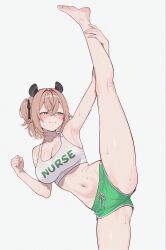 1girl alternate_costume animal_ears arm_up armpits bare_arms bare_legs bare_shoulders barefoot black_ribbon breasts brown_hair cleavage clenched_hand closed_mouth clothes_writing commentary cowboy_shot crop_top crossed_bangs dolphin_shorts english_commentary exercising flexible foot_out_of_frame green_eyes green_shorts hair_between_eyes hair_intakes hair_ribbon hand_on_own_leg hand_up highres holding holding_own_leg indie_virtual_youtuber kneepits large_breasts leg_hold leg_lift leg_up legs light_blush linea_alba medium_hair navel nimi_nightmare one_side_up raliele_(terenazal) ribbon short_shorts shorts simple_background smile solo split spread_legs standing standing_on_one_leg standing_split stomach stretching sweat tank_top tapir_ears tapir_girl thighs virtual_youtuber white_background white_tank_top