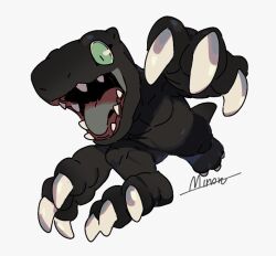 agumon_(black) black_skin claws colored_skin digimon digimon_(creature) green_eyes grey_tongue no_humans open_mouth sharp_teeth signature simple_background solo teeth white_background yata571