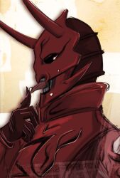 1boy armor black_eyes black_markings claws elcel0411 horns kamen_rider kamen_rider_den-o_(series) licking_own_finger male_focus momotaros monster monster_boy oni open_mouth red_armor tongue tongue_out whipped_cream