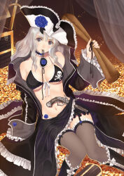 Rule 34 | 1girl, bare shoulders, bikini, bikini top only, black bikini, black boots, black thighhighs, boots, breasts, choker, cleavage, coat, commentary request, corsair, detached sleeves, frills, front-tie bikini top, front-tie top, garter straps, gold, grey eyes, grey hair, gun, handgun, hat, holding, long hair, long sleeves, medium breasts, mouth hold, navel, off shoulder, official art, pirate, pirate hat, shining (series), shining ark, side slit, simple background, sitting, skirt, skull and crossbones, skull print, solo, stomach, swimsuit, thighhighs, tony taka, treasure chest, treasure map, tricorne, velvet batrass, weapon