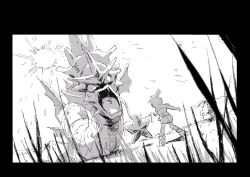 1girl boots from_behind gen_1_pokemon grass gyarados helmet holding holding_weapon misty_(pokemon) monochrome nintendo pokemon pokemon_(creature) pokemon_adventures ponytail short_hair shorts standing staryu sun topknot weapon