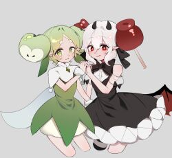 1girl apple_faerie_cookie apple_hair_ornament asymmetrical_eyelashes black_bow black_bowtie bow bowtie candy_apple candy_apple_cookie cookie_run cookie_run:_kingdom crk_gyul disguise dual_persona food food-themed_hair_ornament green_eyes green_hair hair_ornament highres humanization looking_at_viewer open_mouth short_hair simple_background smile