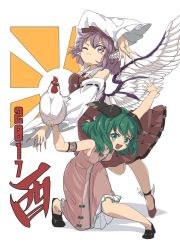 2017 2girls adapted_costume animal animal_ears bare_shoulders bird bird_ears bird_wings black_footwear blush brown_dress brown_footwear brown_headwear chicken chinese_zodiac closed_mouth detached_sleeves dog_ears doroame_(ameyu) dress earrings fingernails full_body green_eyes green_hair hair_between_eyes highres jewelry kasodani_kyouko long_fingernails multiple_girls mystia_lorelei nail_polish one_eye_closed open_mouth pink_dress pink_eyes pink_hair red_nails sharp_fingernails shoes short_hair single_earring smile third-party_source touhou white_sleeves white_wings wide_sleeves winged_hat wings year_of_the_rooster